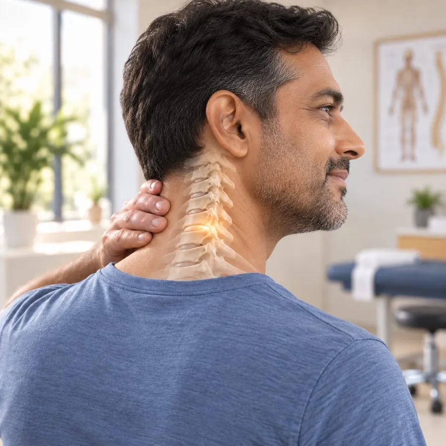 A man with neck pain, cervical spine highlighted